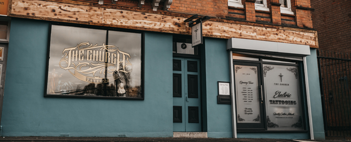 Shop front of the Church Tattoo Studio, Redditch, UK